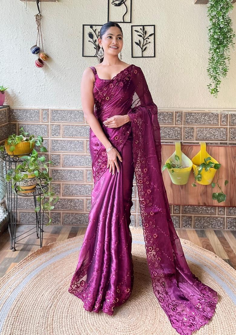 Wine Sequin Embroidered Woven Saree Set