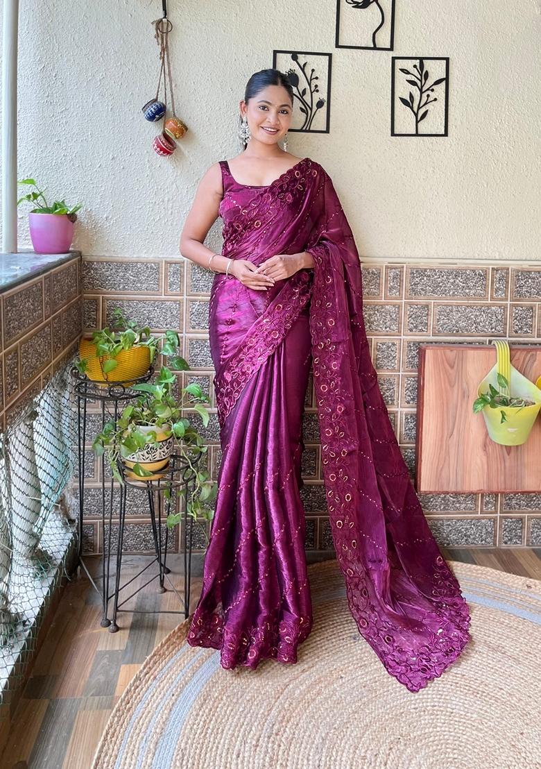 Wine Sequin Embroidered Woven Saree Set