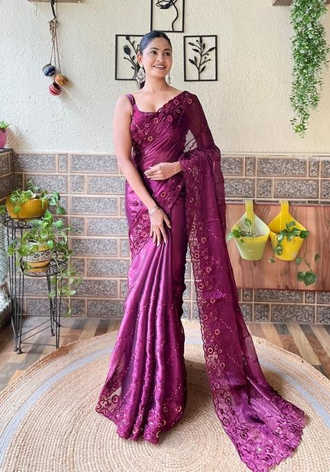 Wine Sequin Embroidered Woven Saree Set