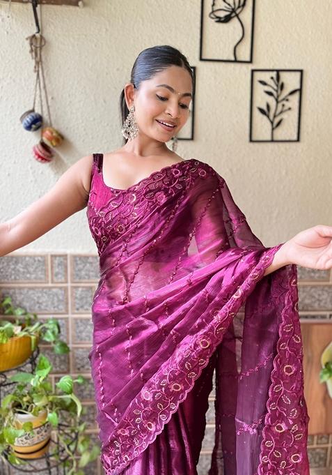 Wine Sequin Embroidered Woven Saree Set
