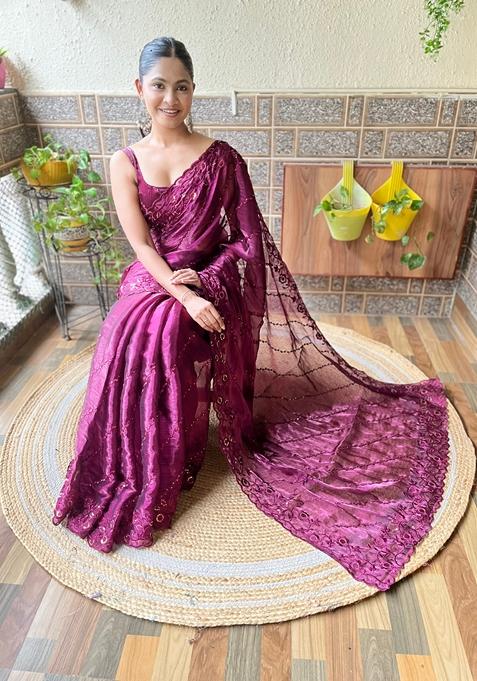 Wine Sequin Embroidered Woven Saree Set