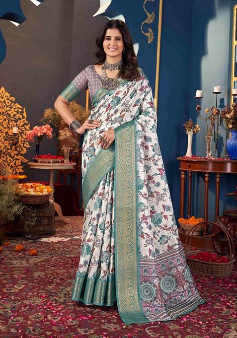 White Printed Woven Saree Set