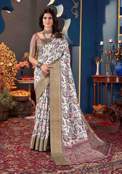 White Printed Woven Saree Set