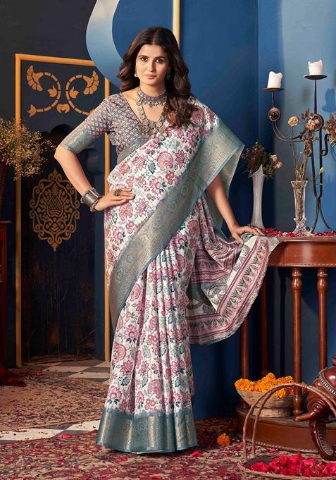 White Printed Woven Saree Set