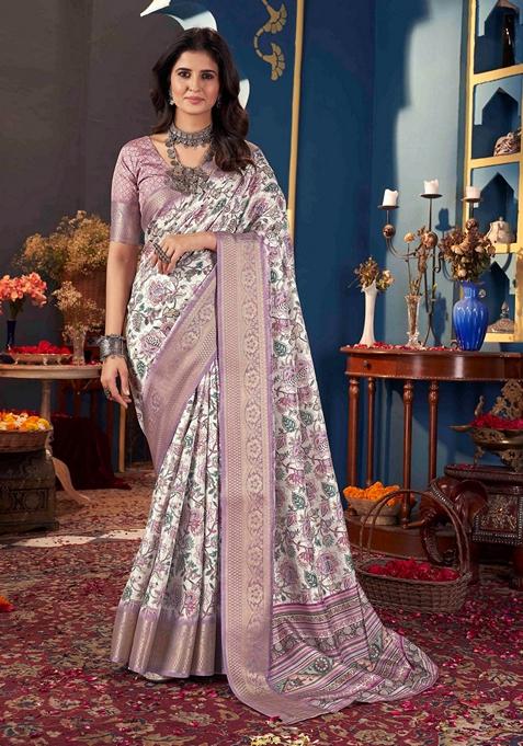 White Printed Woven Saree Set