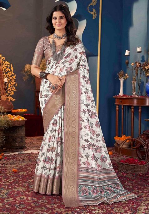 White Printed Woven Saree Set