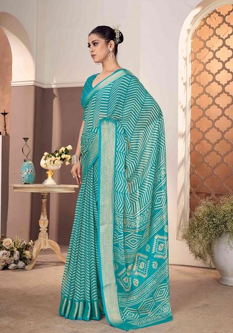 Teal Printed Woven Saree Set