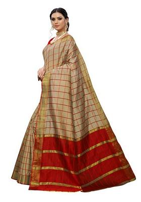 Beige Woven Design Jacquard Saree Set