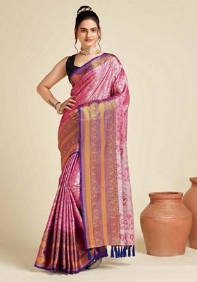 Pink Woven Design Jacquard Saree Set