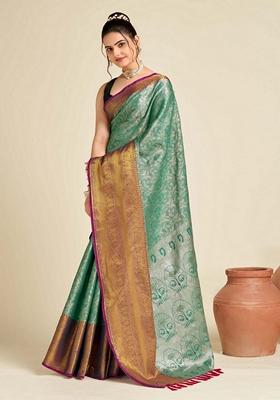Green Woven Design Jacquard Saree Set