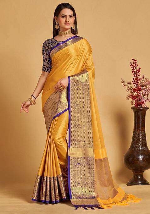 Mustard Woven Design Jacquard Saree Set
