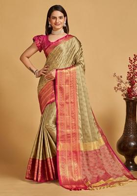 Beige Woven Design Jacquard Saree Set