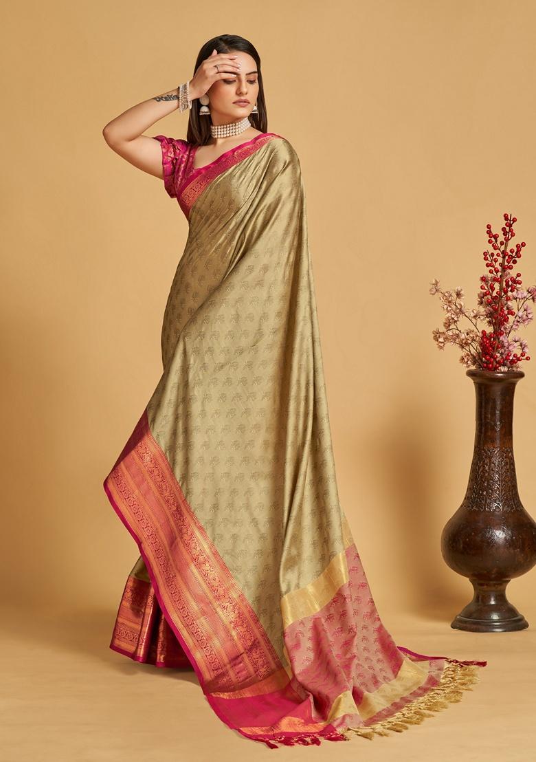 Beige Woven Design Jacquard Saree Set