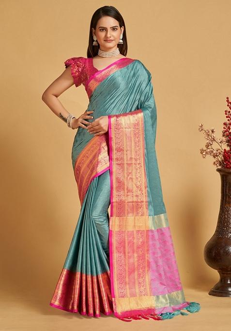 Sky Blue Woven Design Jacquard Saree Set