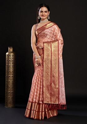 Light Peach Woven Design Jacquard Saree Set