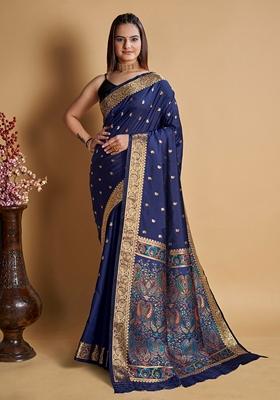 Navy Blue Woven Design Jacquard Saree Set