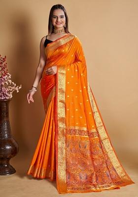 Orange Woven Design Jacquard Saree Set