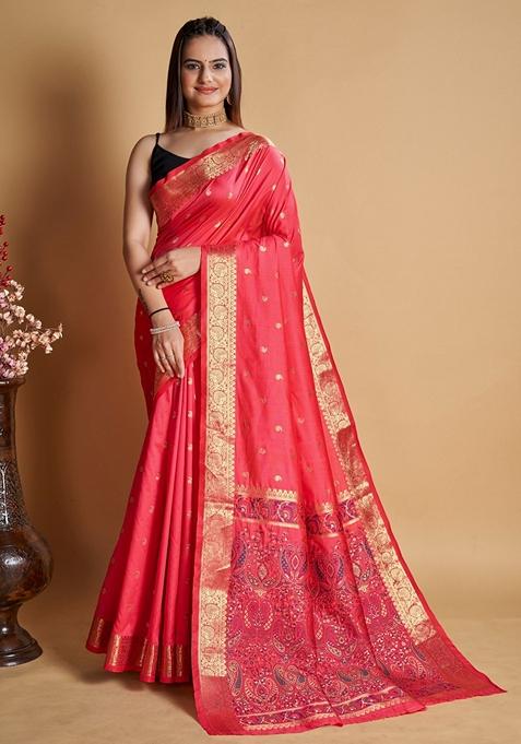 Light Peach Woven Design Jacquard Saree Set