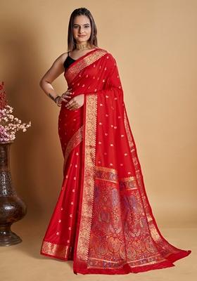 Red Woven Design Jacquard Saree Set