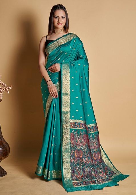 Turquoise Woven Design Jacquard Saree Set