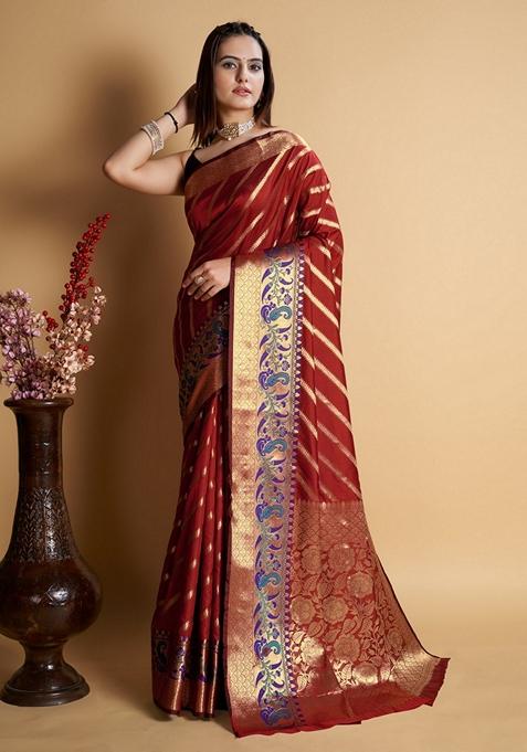 Red Woven Design Jacquard Saree Set