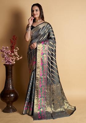 Light Grey Woven Design Jacquard Saree Set