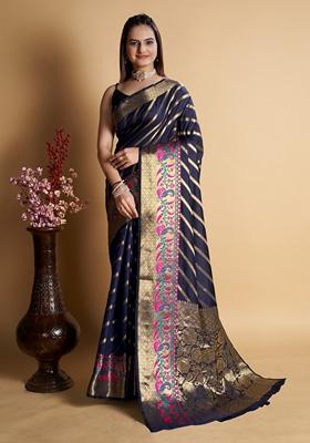 Navy Blue Woven Design Jacquard Saree Set