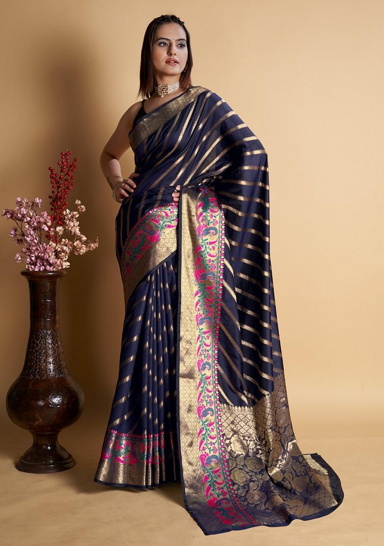 Navy Blue Woven Design Jacquard Saree Set