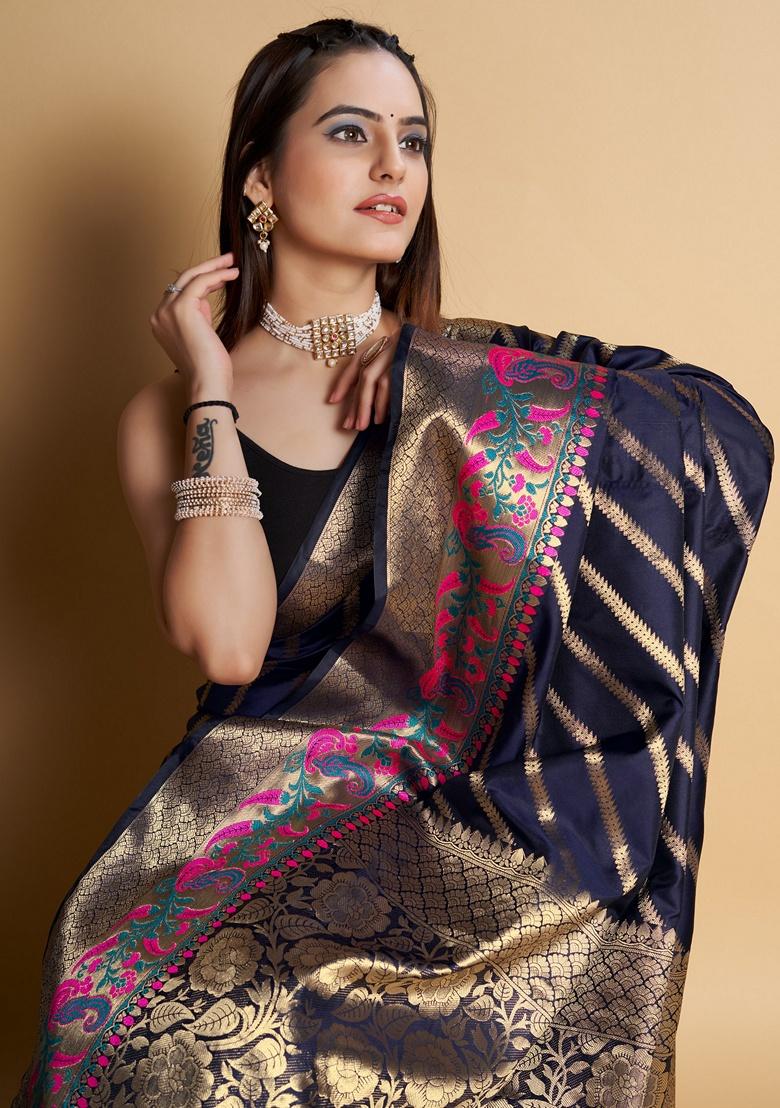 Navy Blue Woven Design Jacquard Saree Set