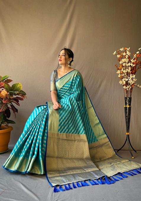 Sky Blue Woven Design Jacquard Saree Set