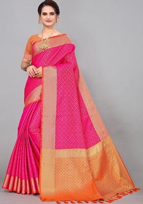 Rani Pink Woven Design Jacquard Saree Set