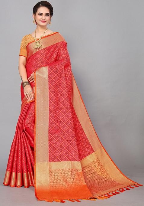 Red Woven Design Jacquard Saree Set