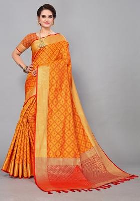 Orange Woven Design Jacquard Saree Set