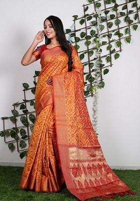 Orange Woven Design Jacquard Saree Set