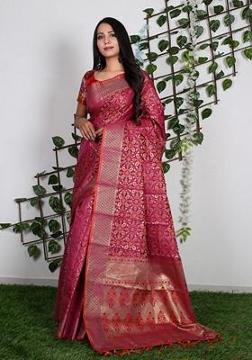 Rani Pink Woven Design Jacquard Saree Set
