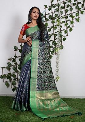Navy Blue Woven Design Jacquard Saree Set