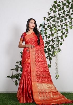 Red Woven Design Jacquard Saree Set