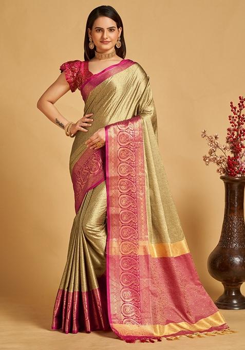 Beige Woven Design Jacquard Saree Set