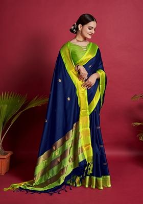 Navy Blue Woven Design Jacquard Saree Set