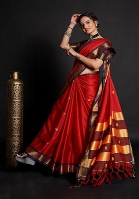 Red Woven Design Jacquard Saree Set