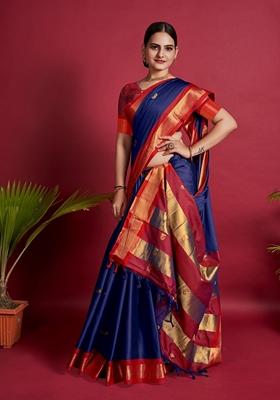 Navy Blue Woven Design Jacquard Saree Set