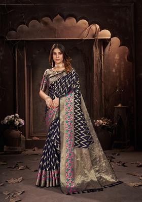 Navy Blue Woven Design Jacquard Saree Set