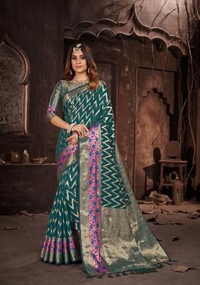 Turquoise Woven Design Jacquard Saree Set