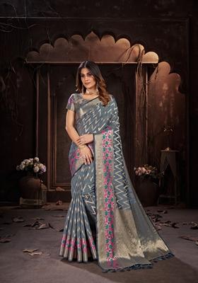 Light Grey Woven Design Jacquard Saree Set
