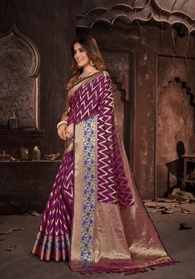 Purple Woven Design Jacquard Saree Set