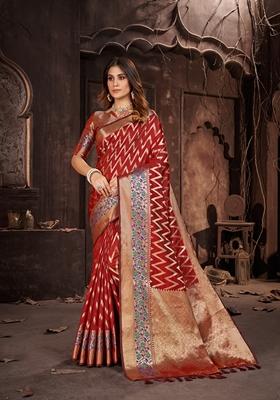 Red Woven Design Jacquard Saree Set