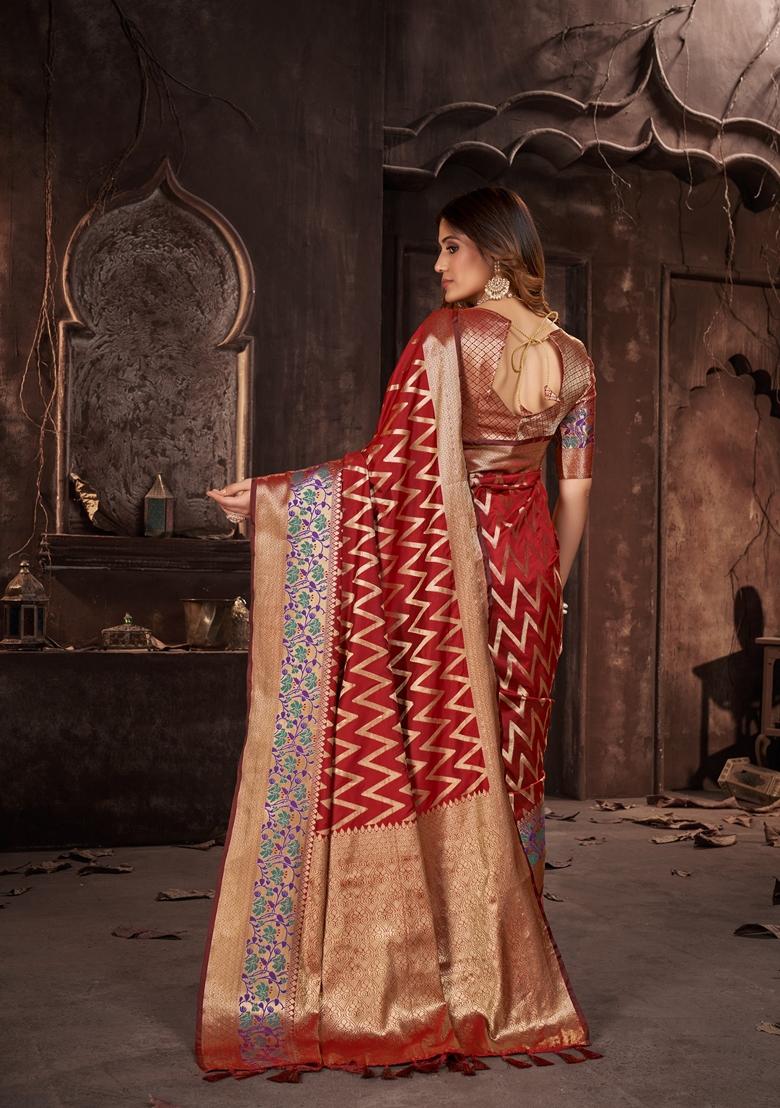 Red Woven Design Jacquard Saree Set