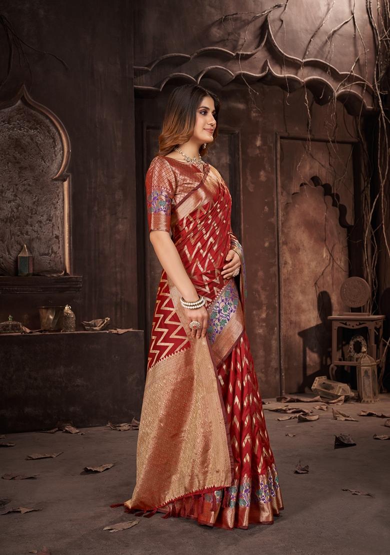 Red Woven Design Jacquard Saree Set