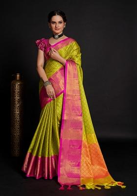 Lime Yellow Woven Design Jacquard Saree Set