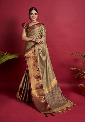 Beige Woven Design Jacquard Saree Set